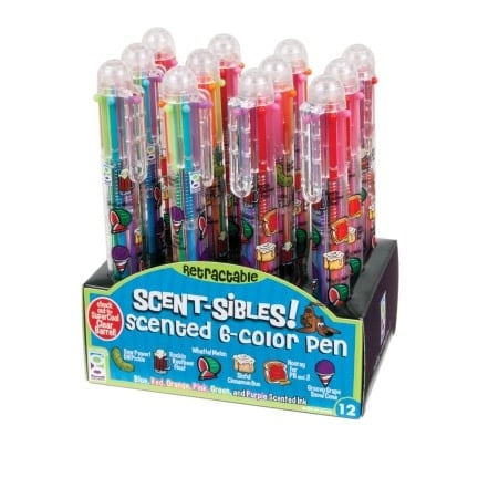 Retractable pen with six ink colors (blue, red, orange, pink, green, purple) and scents like dill pickle and grape.