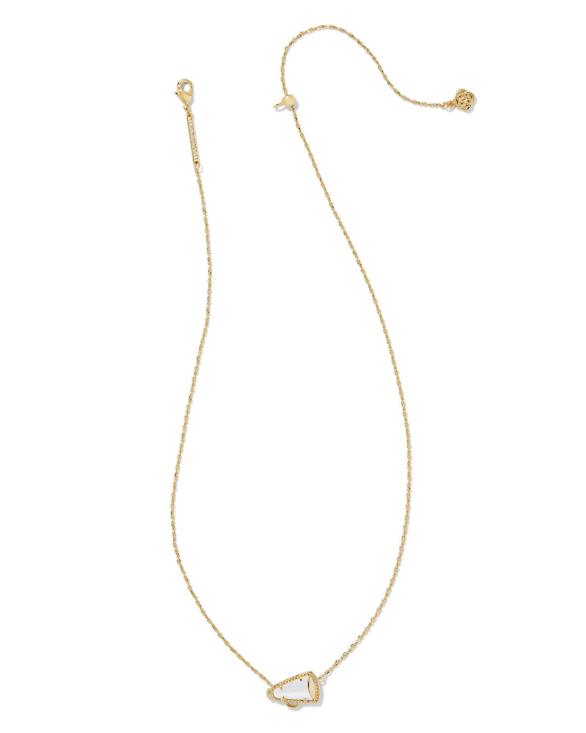 Gold short pendant necklace with a white mother of pearl megaphone charm and adjustable chain.