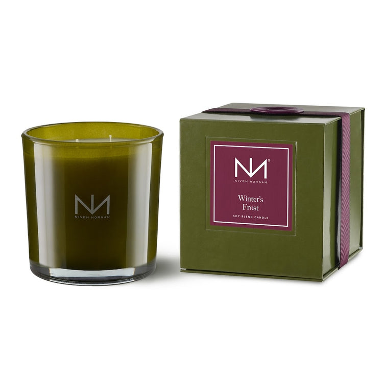 Niven Morgan Winter's Frost double-wick soy blend candle in a dark olive glass jar with box.
