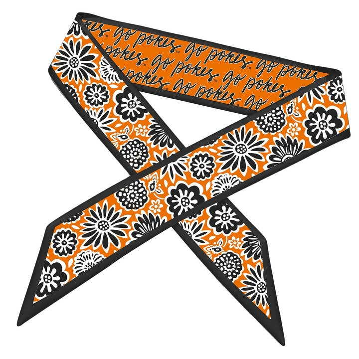 Oklahoma State Cowboys skinny scarf with orange and black floral pattern and "Go Pokes" script.