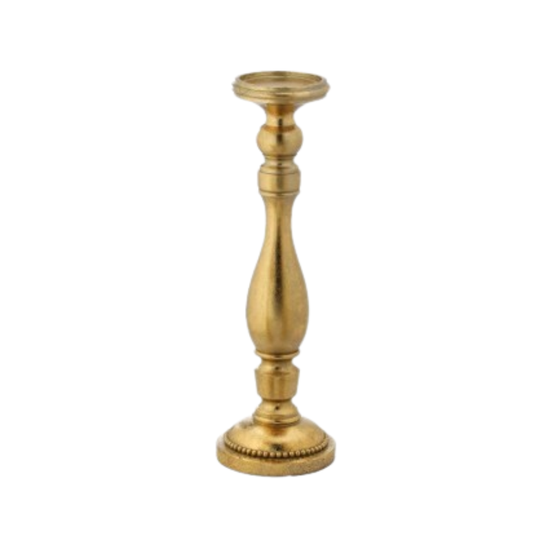 Elegant gold resin candle holder with a classic turned spindle design and a round pedestal base.