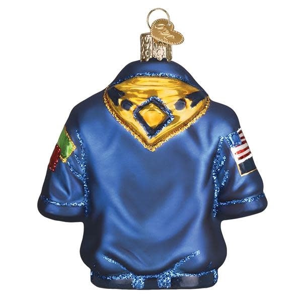 Glass Scout uniform ornament with silver accents and hand-painted glitter finish