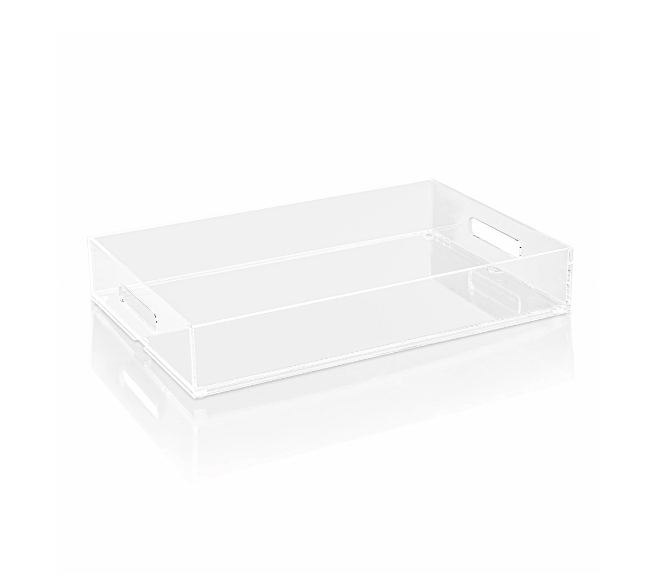 Rectangular clear acrylic tray with side handles for serving or organization.
