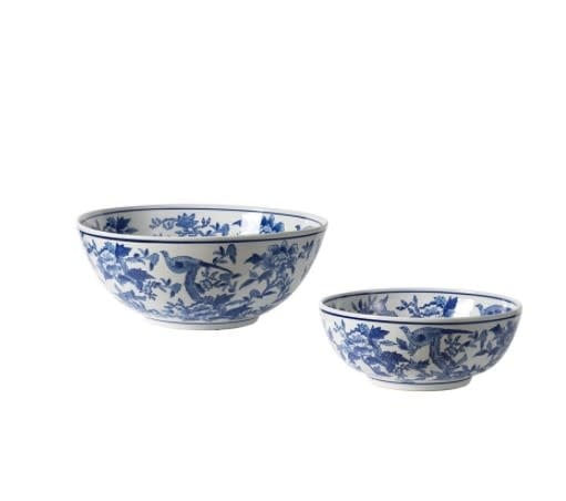 White ceramic bowl with blue floral and bird pattern