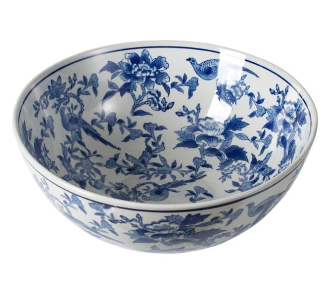 White ceramic bowl with blue floral bird pattern