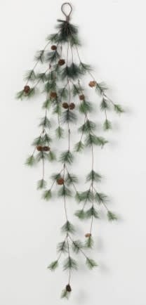 Green pine cone garland with natural foliage arranged in a curved cluster shape.
