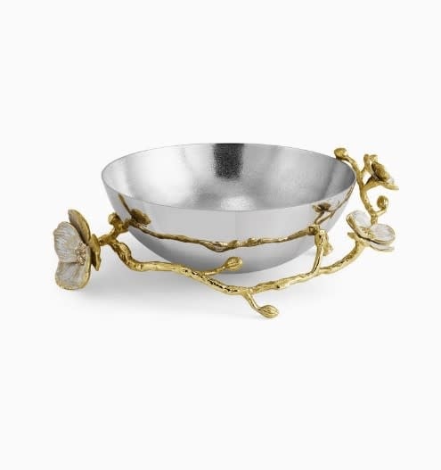 Orchid Small Bowl in white enamel over golden brass with a natural stainless steel stem.
