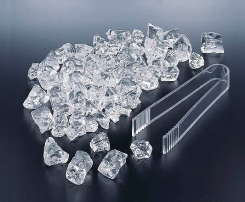 Clear acrylic ice chip display bag filled with glistening white chips.