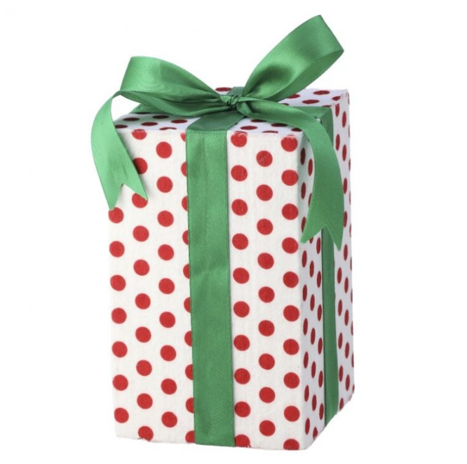 8-inch polka dot gift box ornament with a festive holiday tree silhouette.