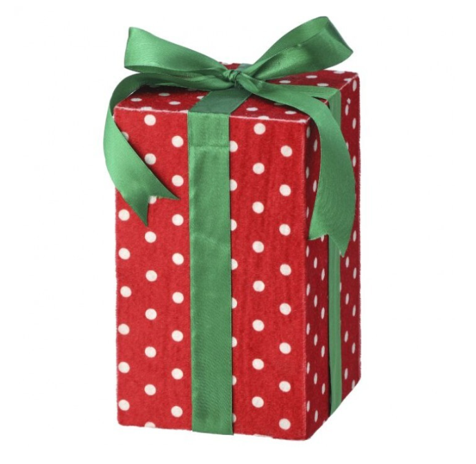 8-inch polka dot gift box ornament with a festive holiday tree silhouette.