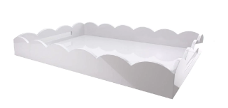 White lacquered serving tray with scalloped edge, black velvet base, and long handle cutouts.