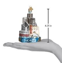 4.25-inch tall Chicago Christmas ornament featuring the city skyline with Sears Tower and Navy Pier in red and white.