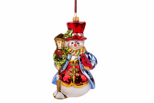 Hand-painted glass snowman ornament with a lamp post base in white.