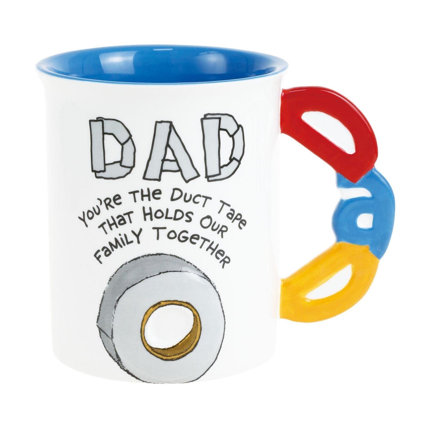 Front view of a white stoneware mug with sculpted tape graphics on the front and rim.