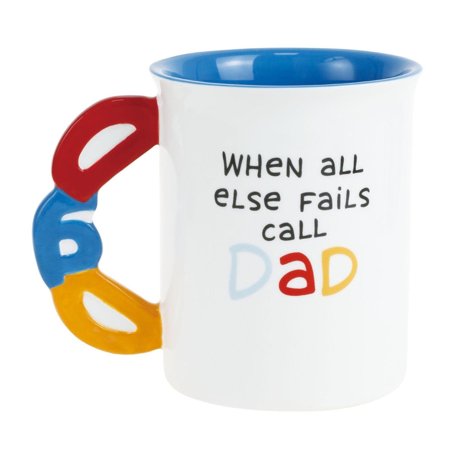 Sculpted Dad Tape Mug in white stoneware with raised tape graphic and humorous rim text.