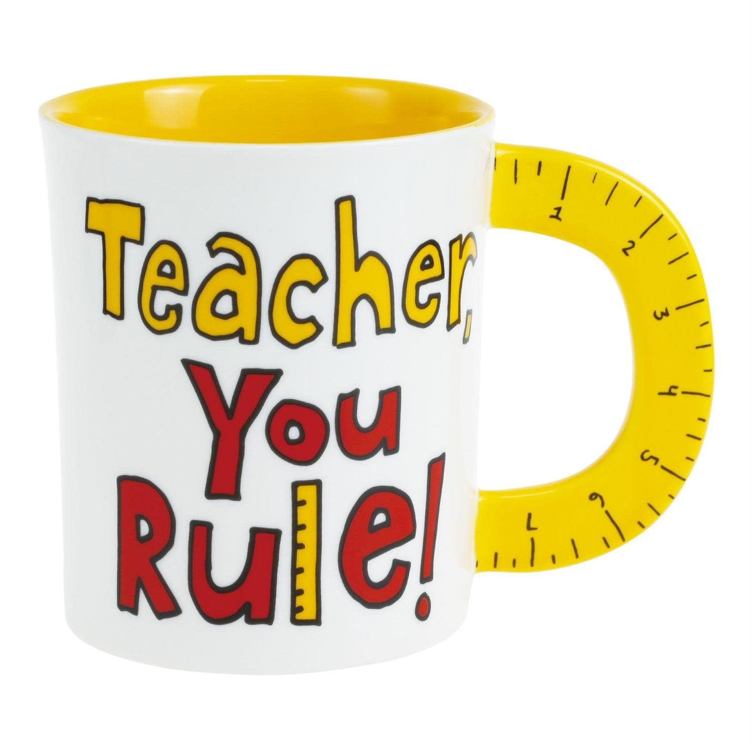 Yellow stoneware mug with sculpted ruler handle and heart detail