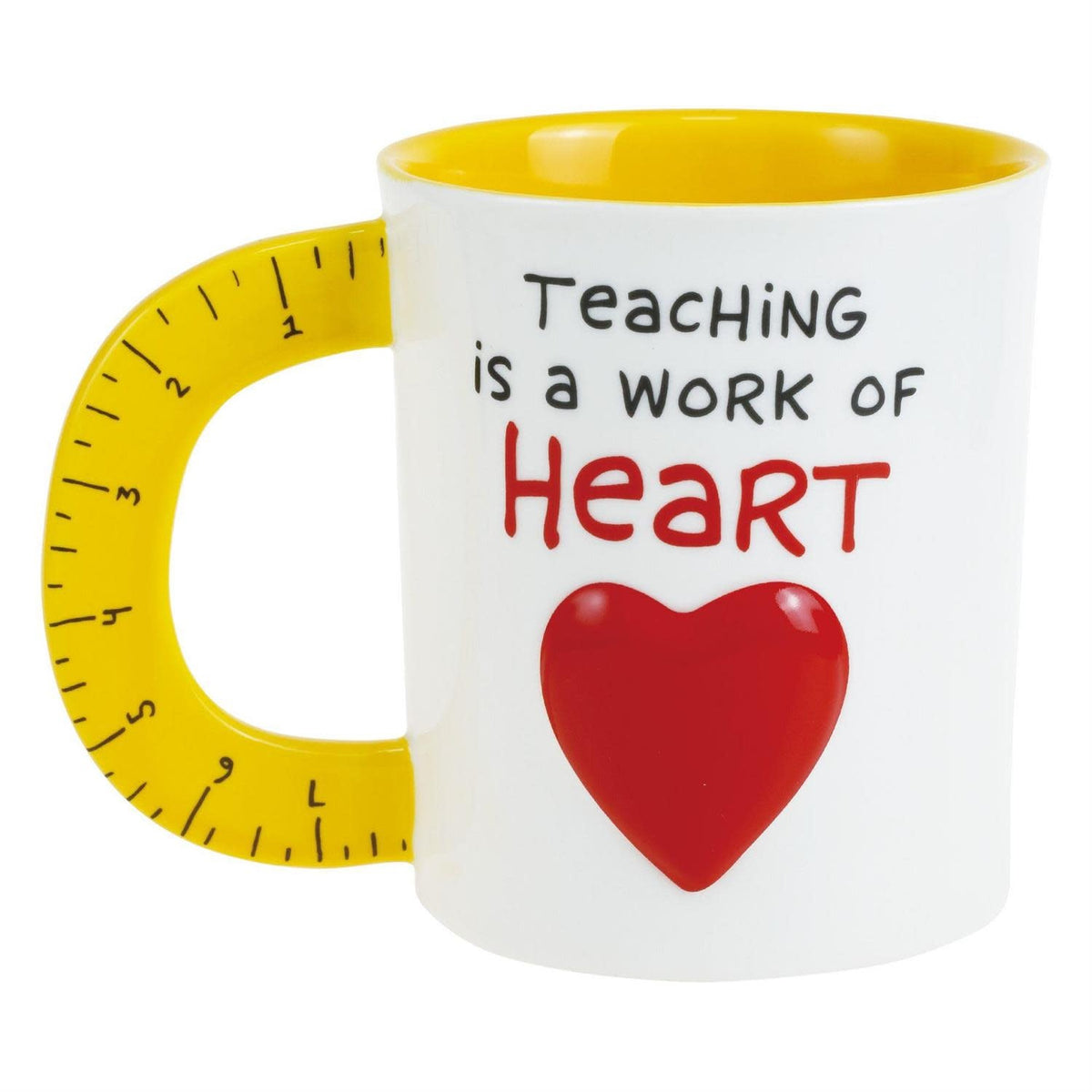 Yellow stoneware mug with sculpted ruler handle and heart-shaped cup featuring teacher appreciation message.