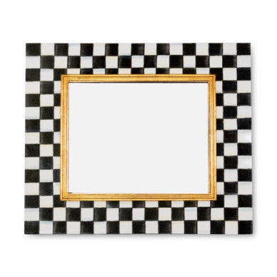 Hand-glazed steel wall mirror with Courtly Check enamel pattern, golden wood moulding frame, and reflective glass.