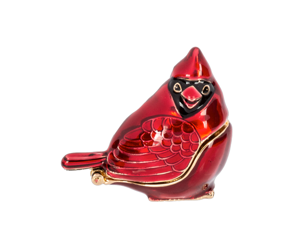 Red cardinal bird prayer charm with gold accents on black background