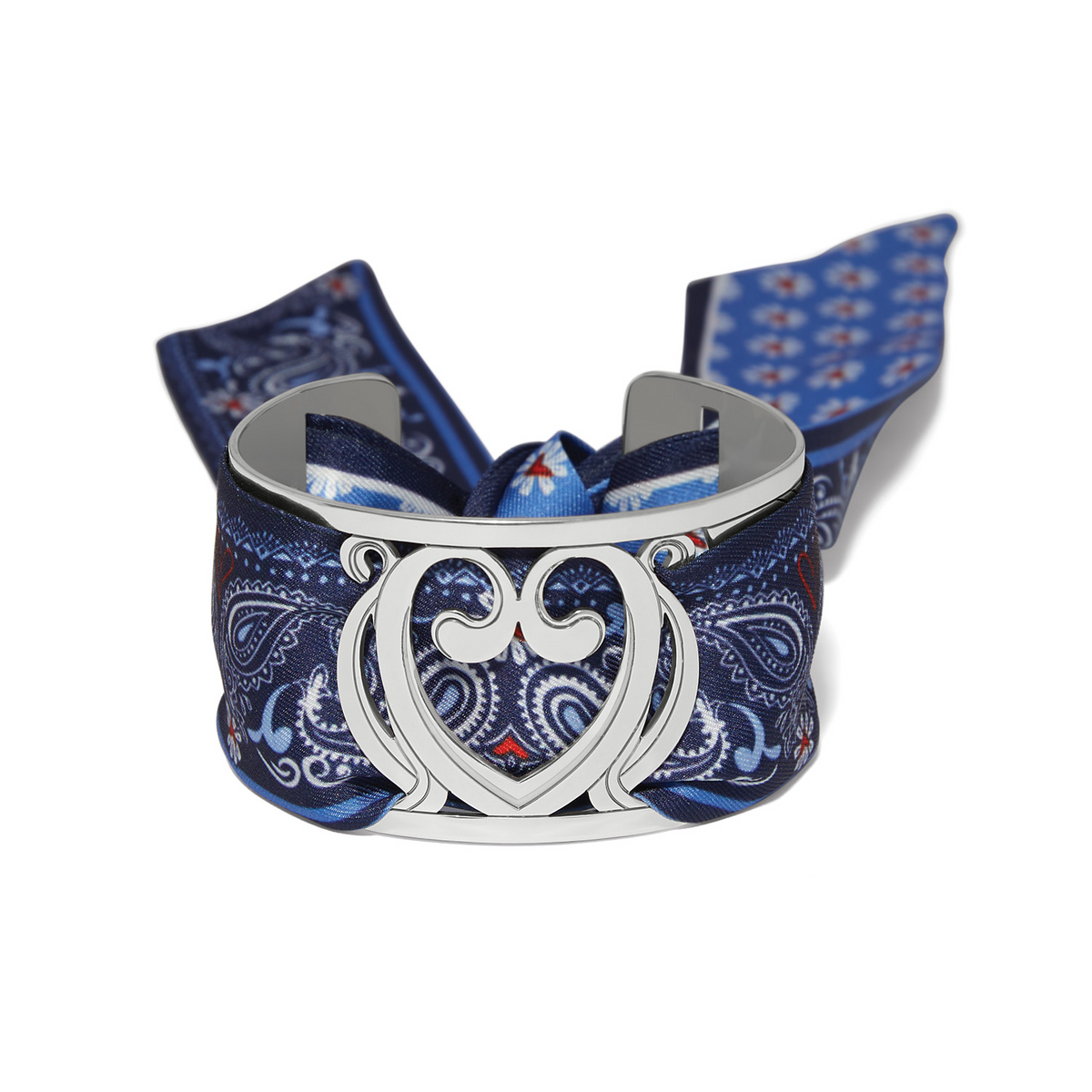 Silver-plated Fashionista One Love Scarf Cuff with a blue paisley pattern silk scarf.