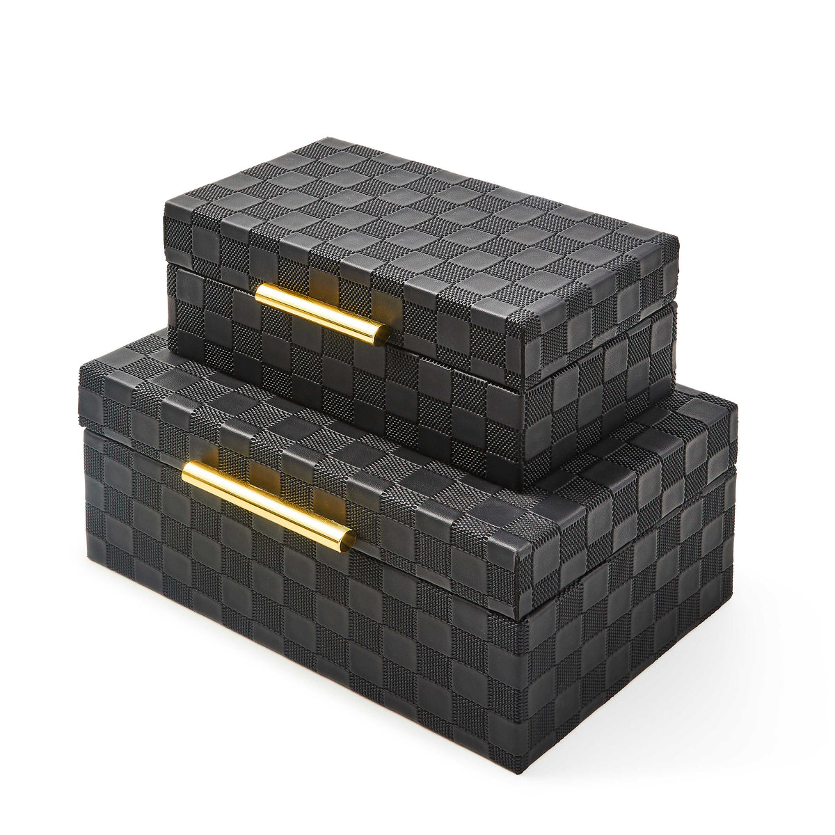 Set of two black faux leather boxes with a checkered texture and gold metal handles.