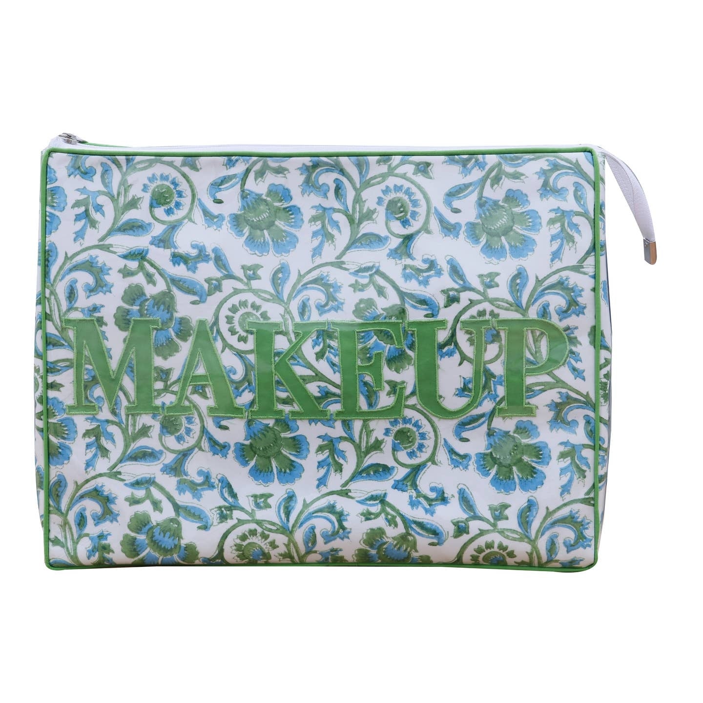 Tiana Design Jrt Bp 9 Vogue makeup bag with green and blue floral pattern and green 'MAKEUP' text.