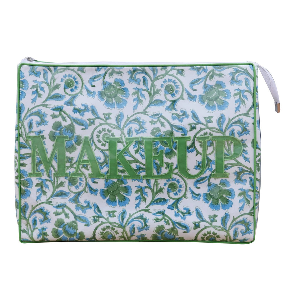 Tiana Design Jrt Bp 9 Vogue makeup bag with green and blue floral pattern and green 'MAKEUP' text.