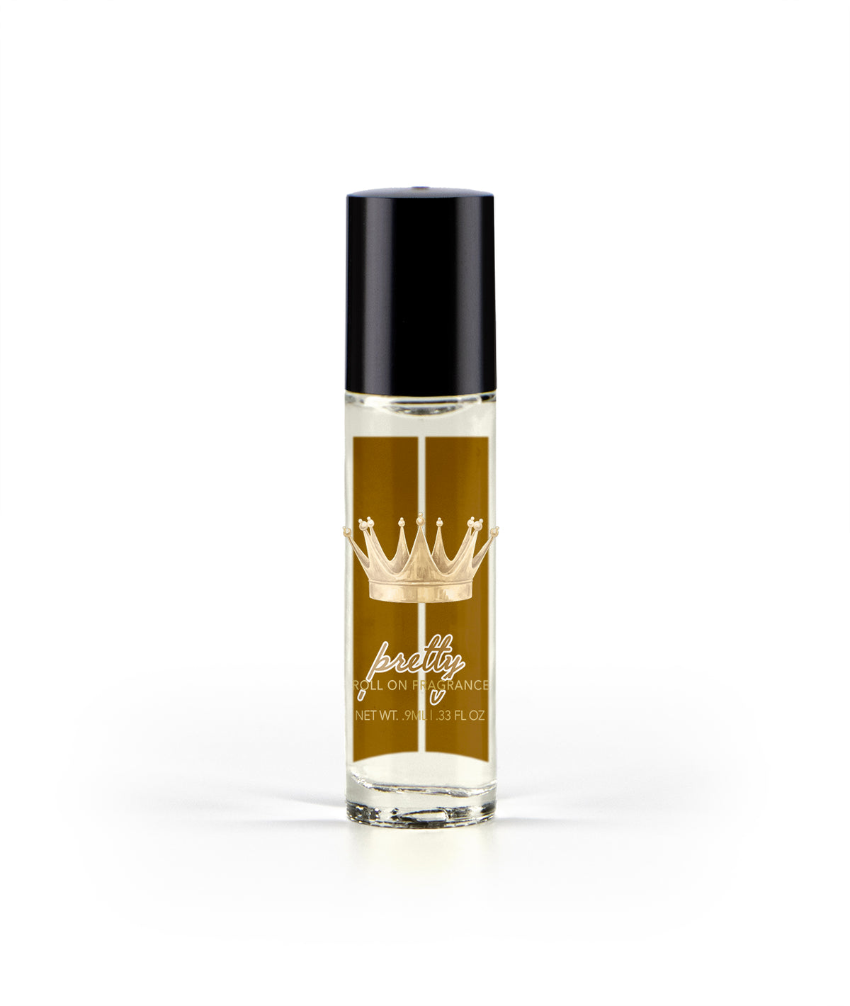 Pretty Roll-On Fragrance in a clear 9ml glass bottle with a black cap and gold crown logo.