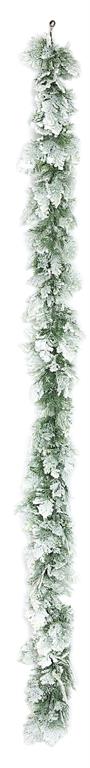 6-foot snow-covered green cedar garland with a hanging loop at the top.