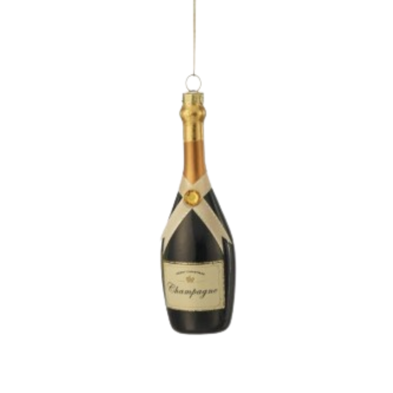 5.5-inch black glass champagne bottle Christmas ornament with gold foil neck and label.