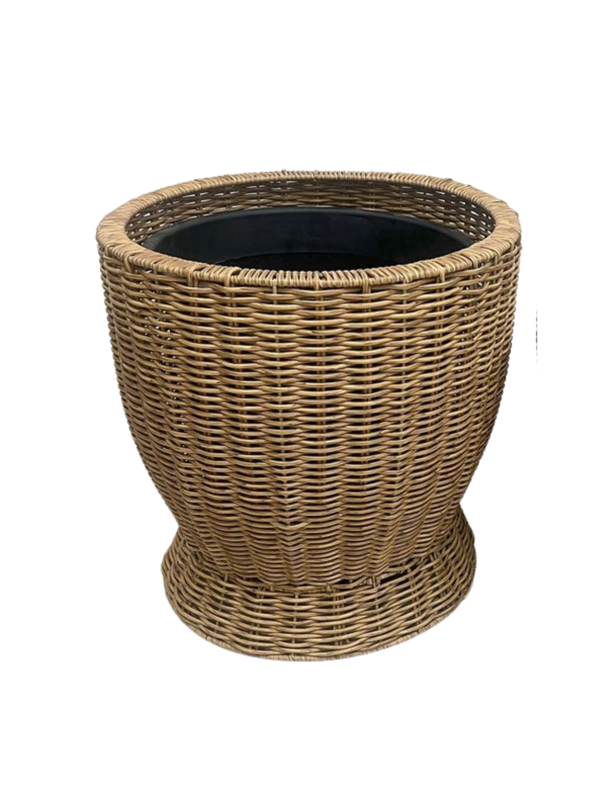 Woven tree basket with a black liner, featuring a tapered silhouette and a natural rattan color.