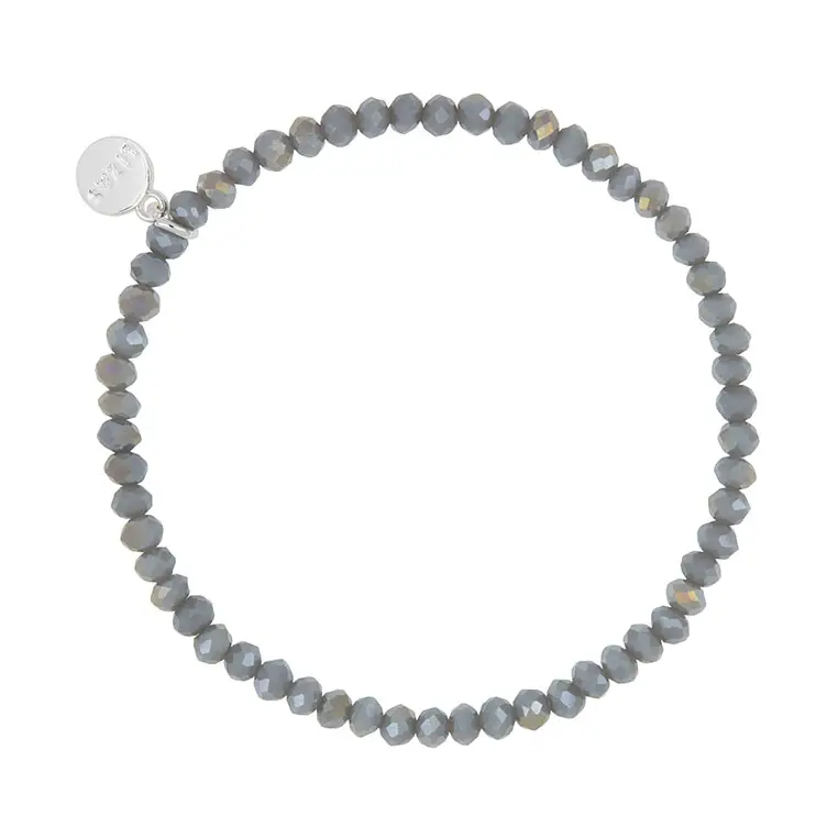 Lizas Quadro grey faceted crystal bead stretch bracelet with a silver logo charm.