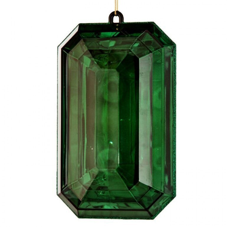 Nine-inch acrylic ornament shaped like an emerald cut gemstone in green.
