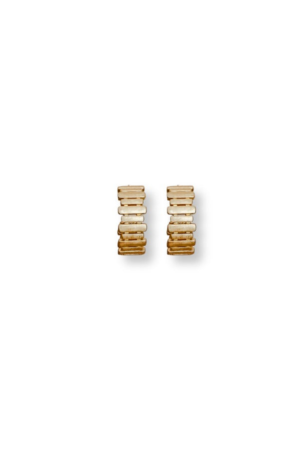 WS Hollis gold hoop earrings with a textured, stacked rectangular bar design.