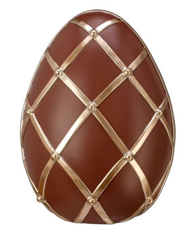 Resin lattice chocolate egg measuring 16.25 inches tall with a textured grid pattern.