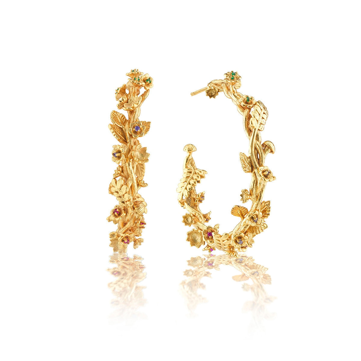Gold-plated botanical hoop earrings featuring intricate vine, leaf, and flower details.