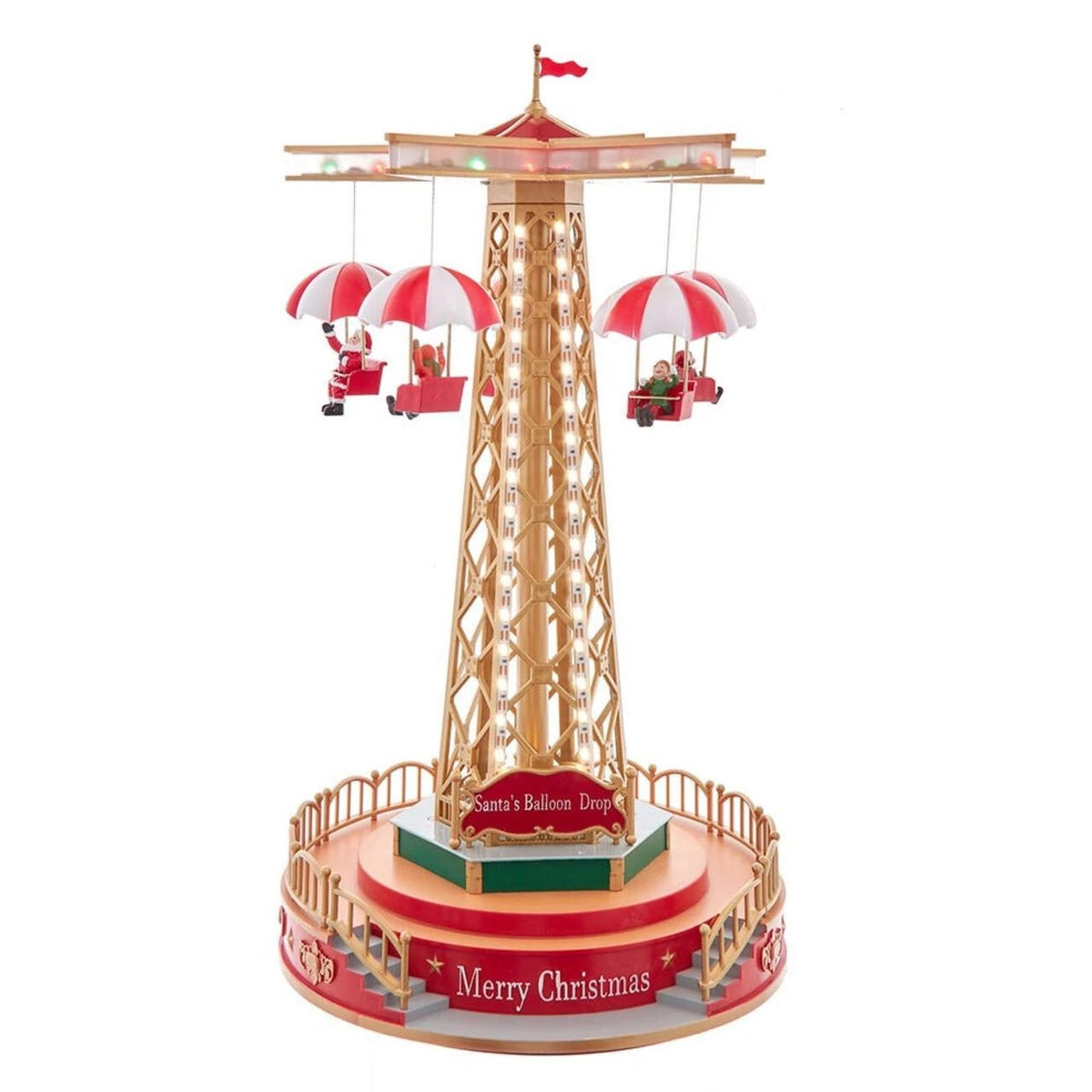 LED lighted musical Santa's Balloon Drop table piece with rotating parachutes and festive base.