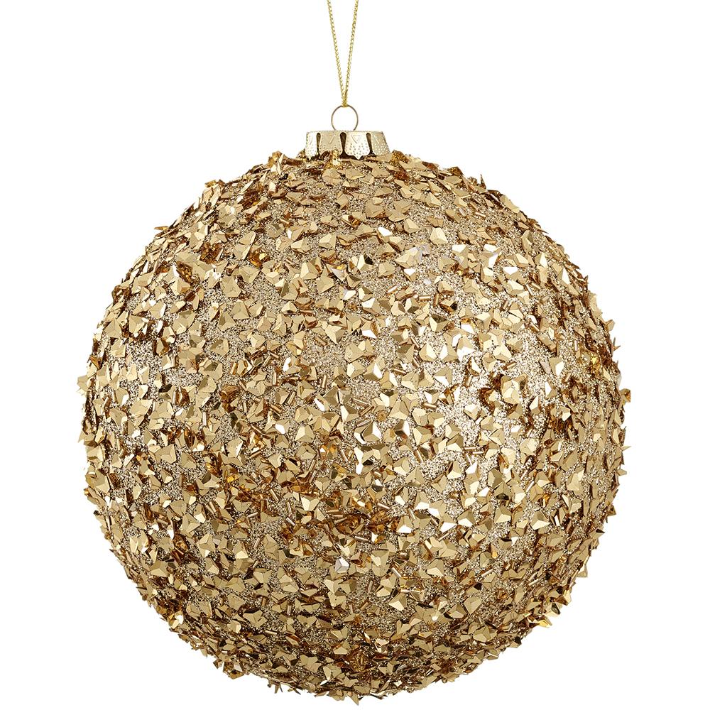 8-inch gold ball ornament with a textured glitter and beaded finish hanging from a gold string.