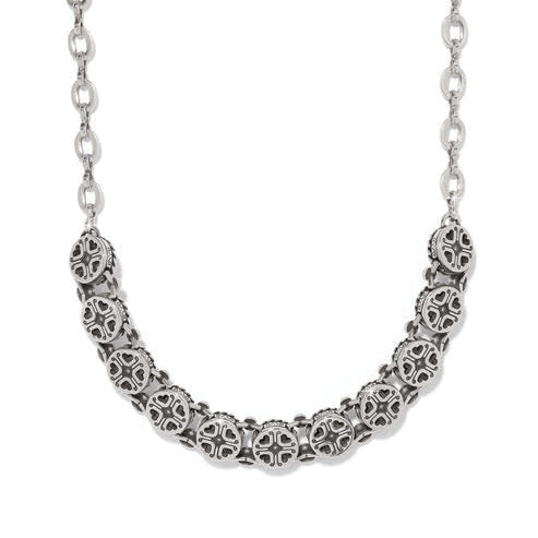 Silver plated collar necklace with glass pearl medallions and crystal accents on nautical rope frames.