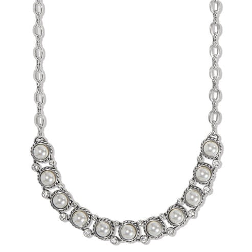 Silver plated collar necklace with glass pearl medallions set in nautical rope frames.