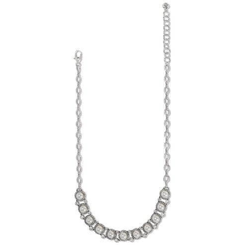 Silver plated collar necklace with glass pearl medallions set in nautical rope frames and fine crystals.