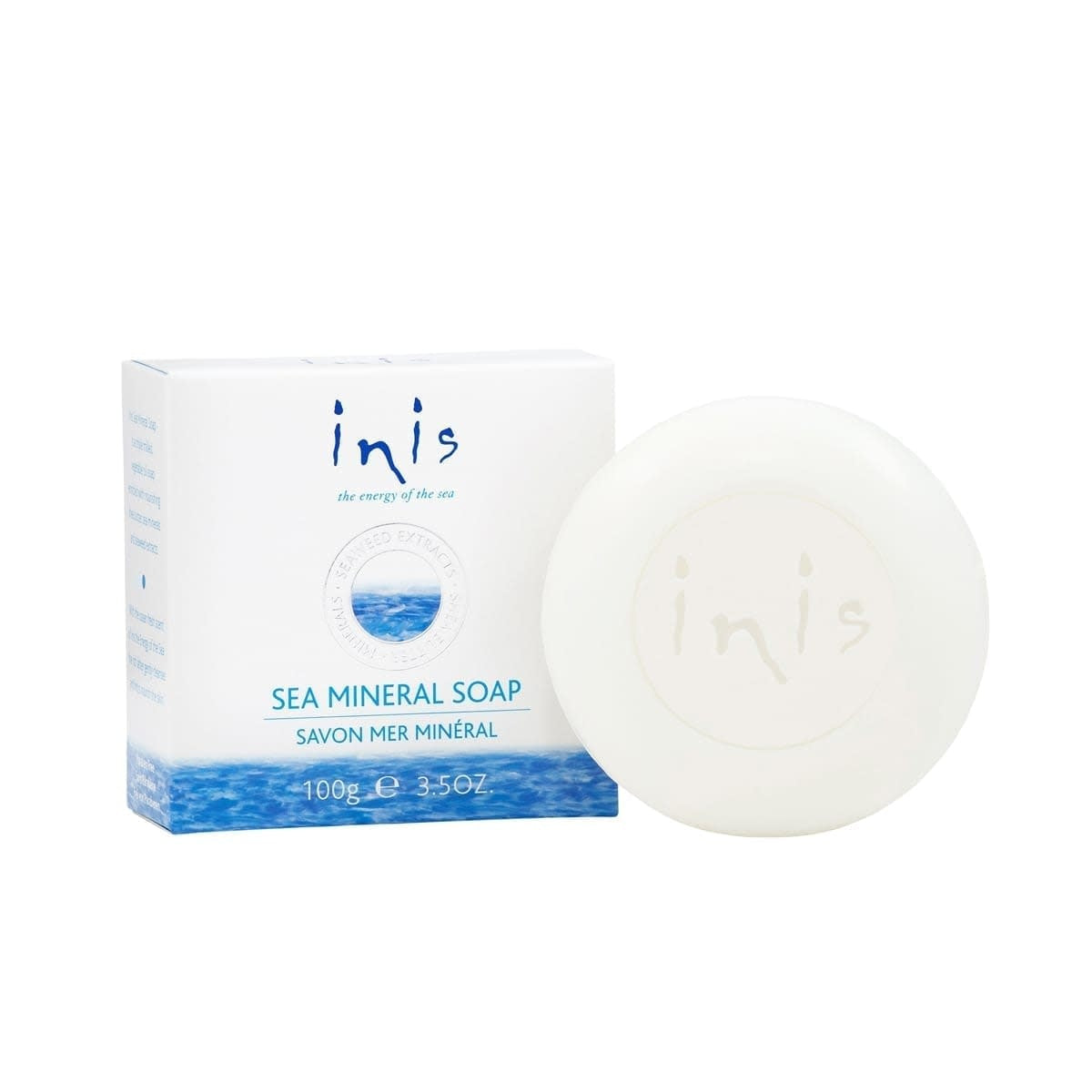 Triple-milled round bar of sea mineral soap with ocean-fresh scent.