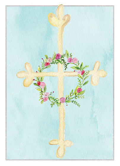 Watercolor greeting card featuring a gold cross adorned with a floral wreath on a blue background.