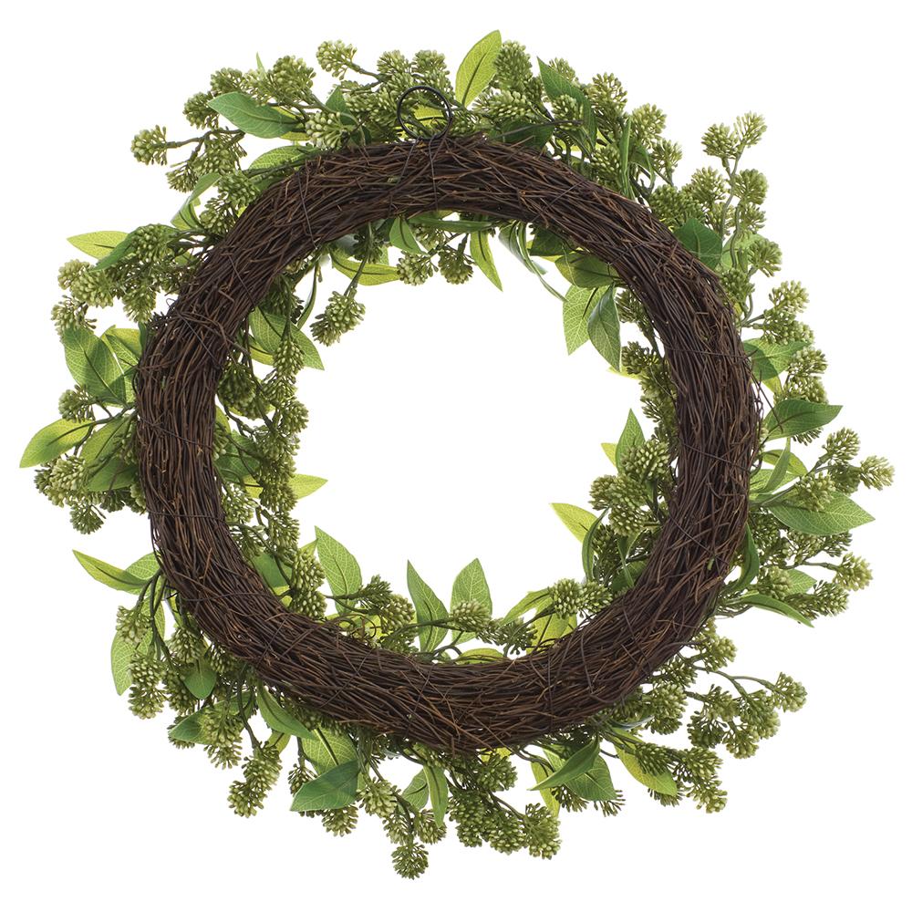 Cream green artificial sedum wreath with Japanese climbing fern accents on a metal wire frame.