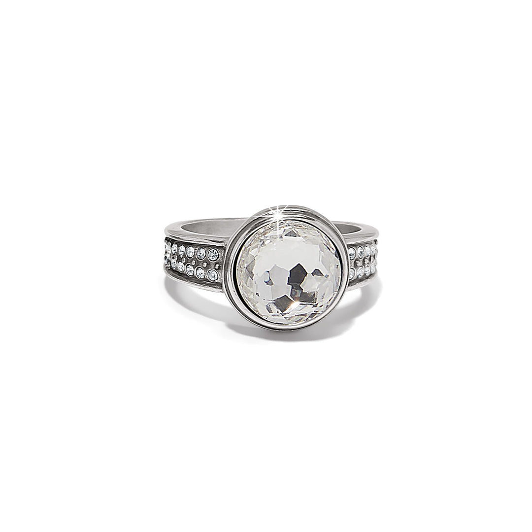 Silver plated Meridian Aurora Ring featuring a large round crystal and crystal-accented band.