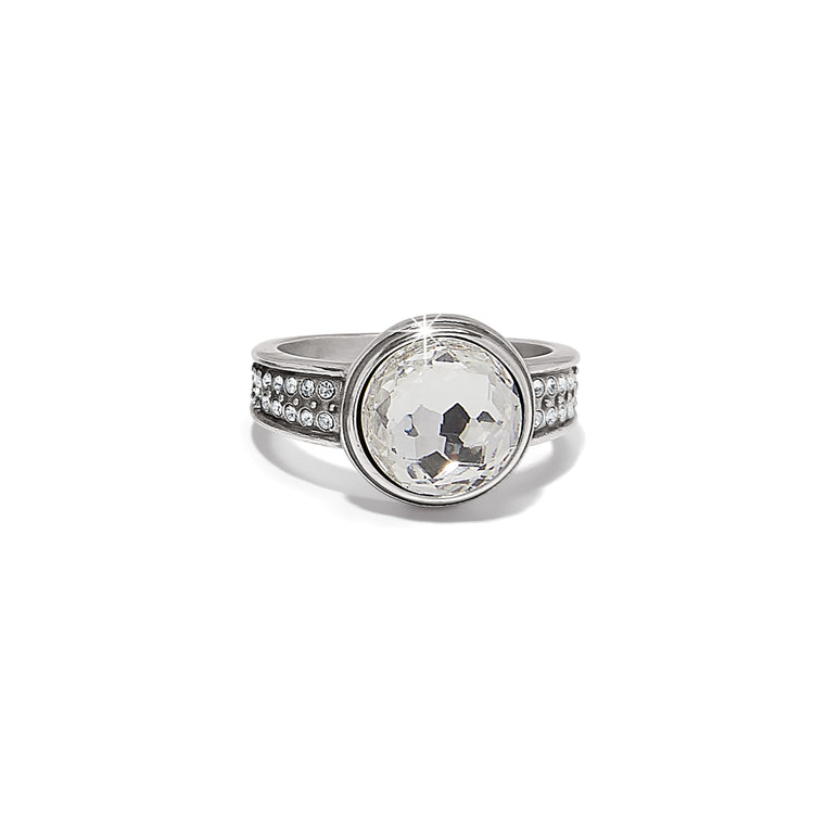 Silver plated Meridian Aurora Ring featuring a large round crystal and crystal-accented band.