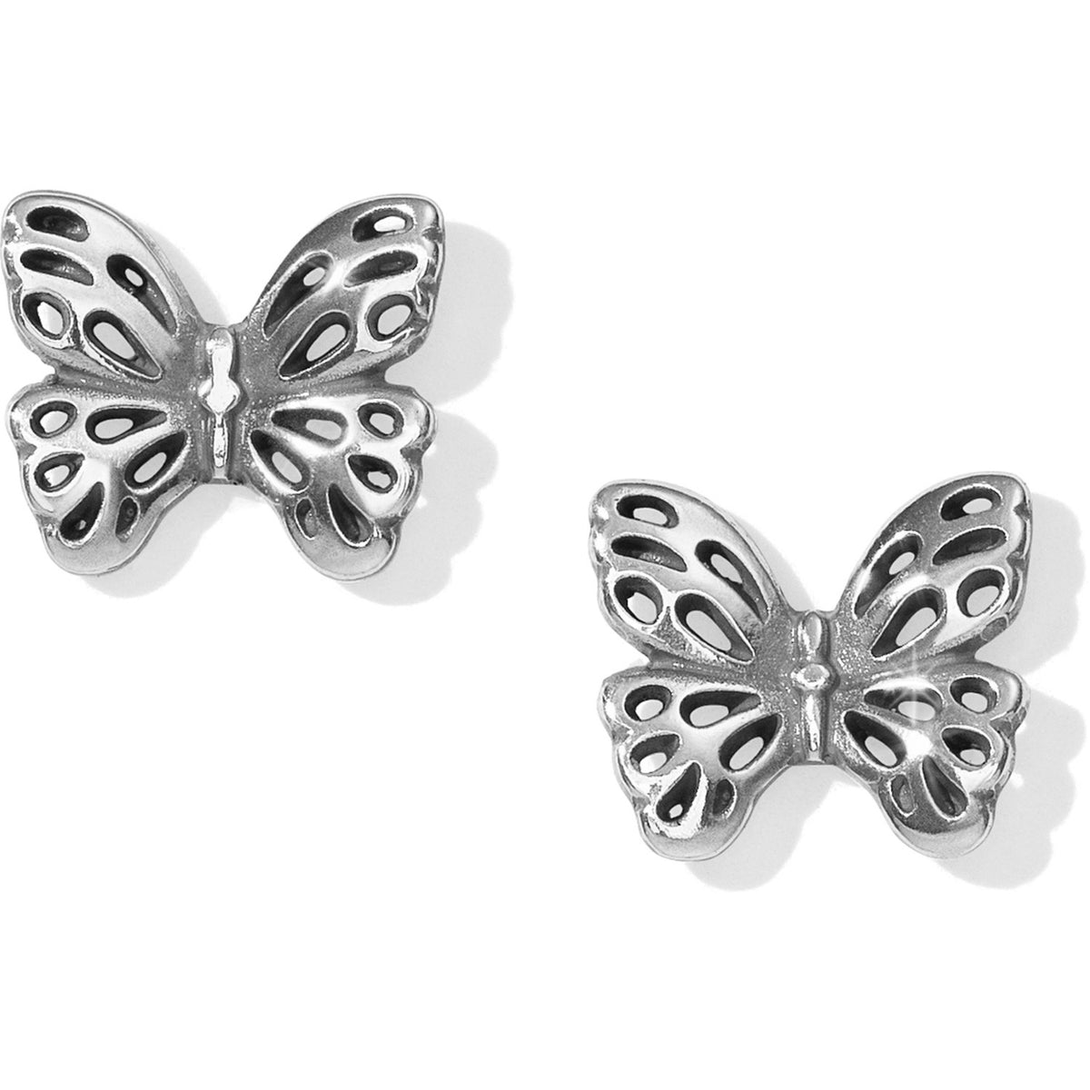 Silver plated mini post earrings featuring a tiny butterfly silhouette with delicate wing detailing.