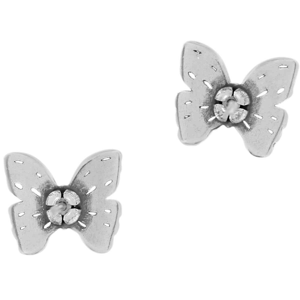 Silver plated mini post earrings featuring a tiny butterfly silhouette.