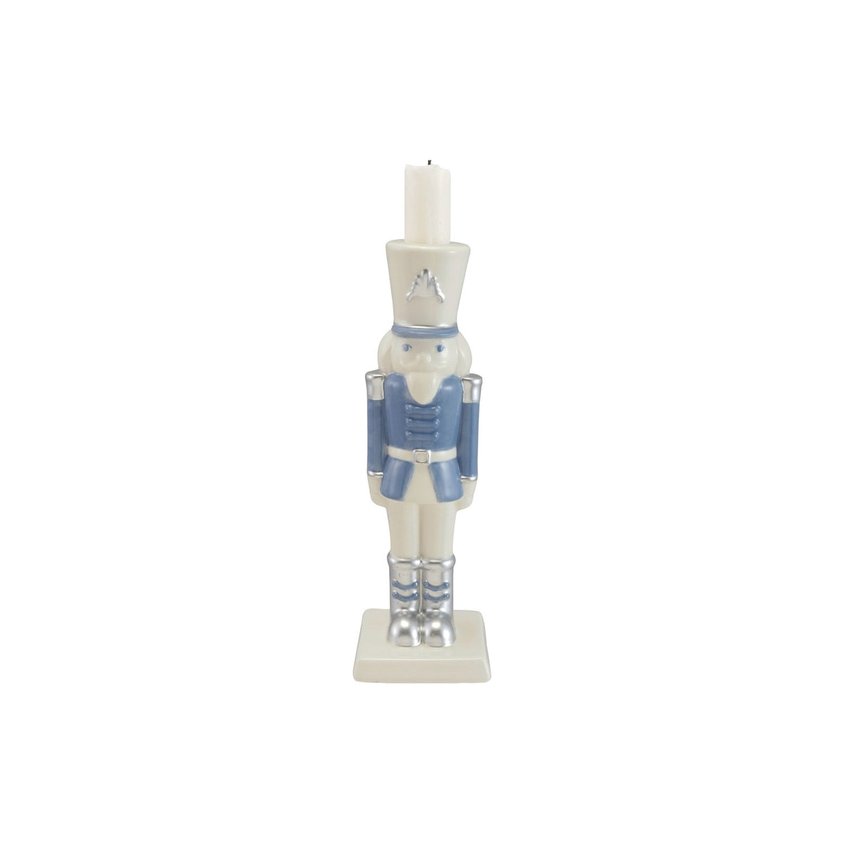 White and blue ceramic nutcracker taper candle holder with silver electroplated accents.