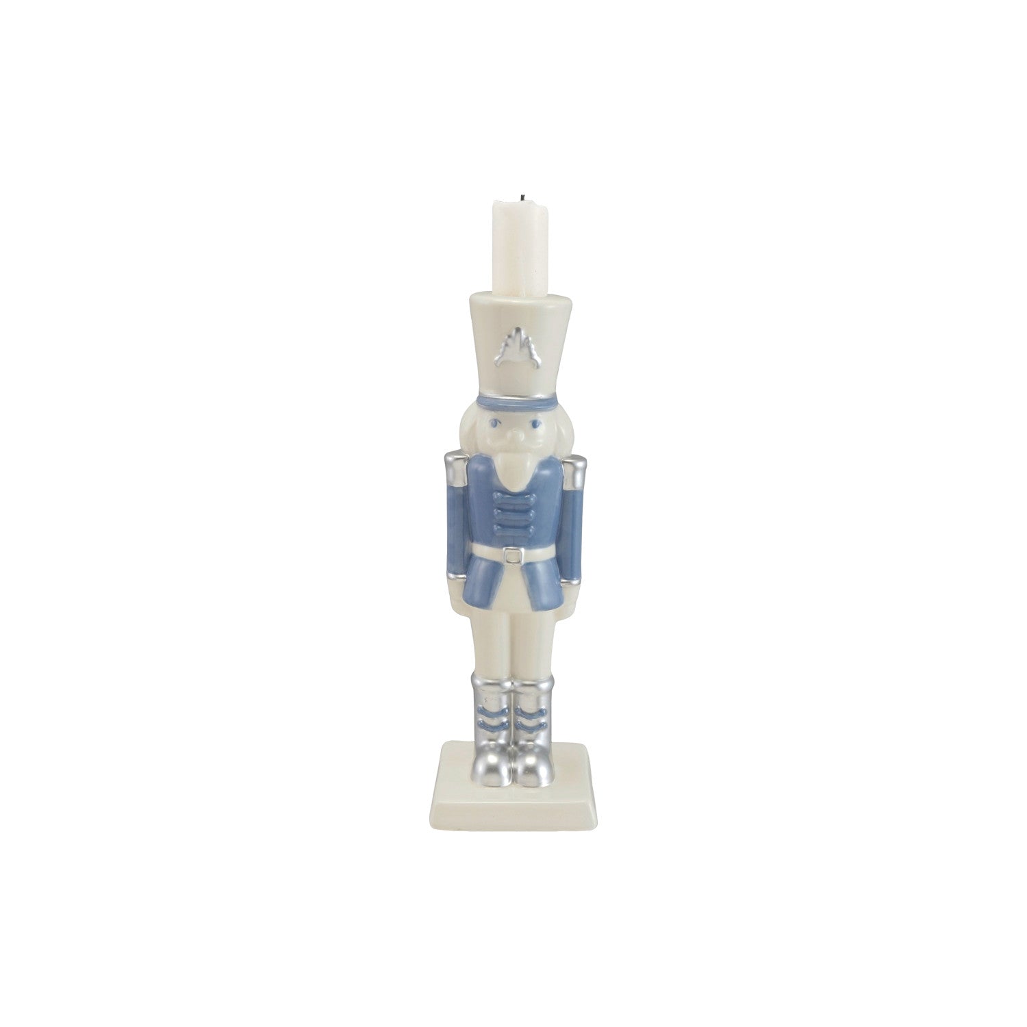 White and blue ceramic nutcracker taper candle holder with silver electroplated accents.